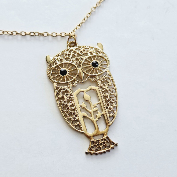 Vintage Owl Necklace Goldtone Filigree Pendant Long Chain Boho Hippie Retro 32" - Picture 9 of 10